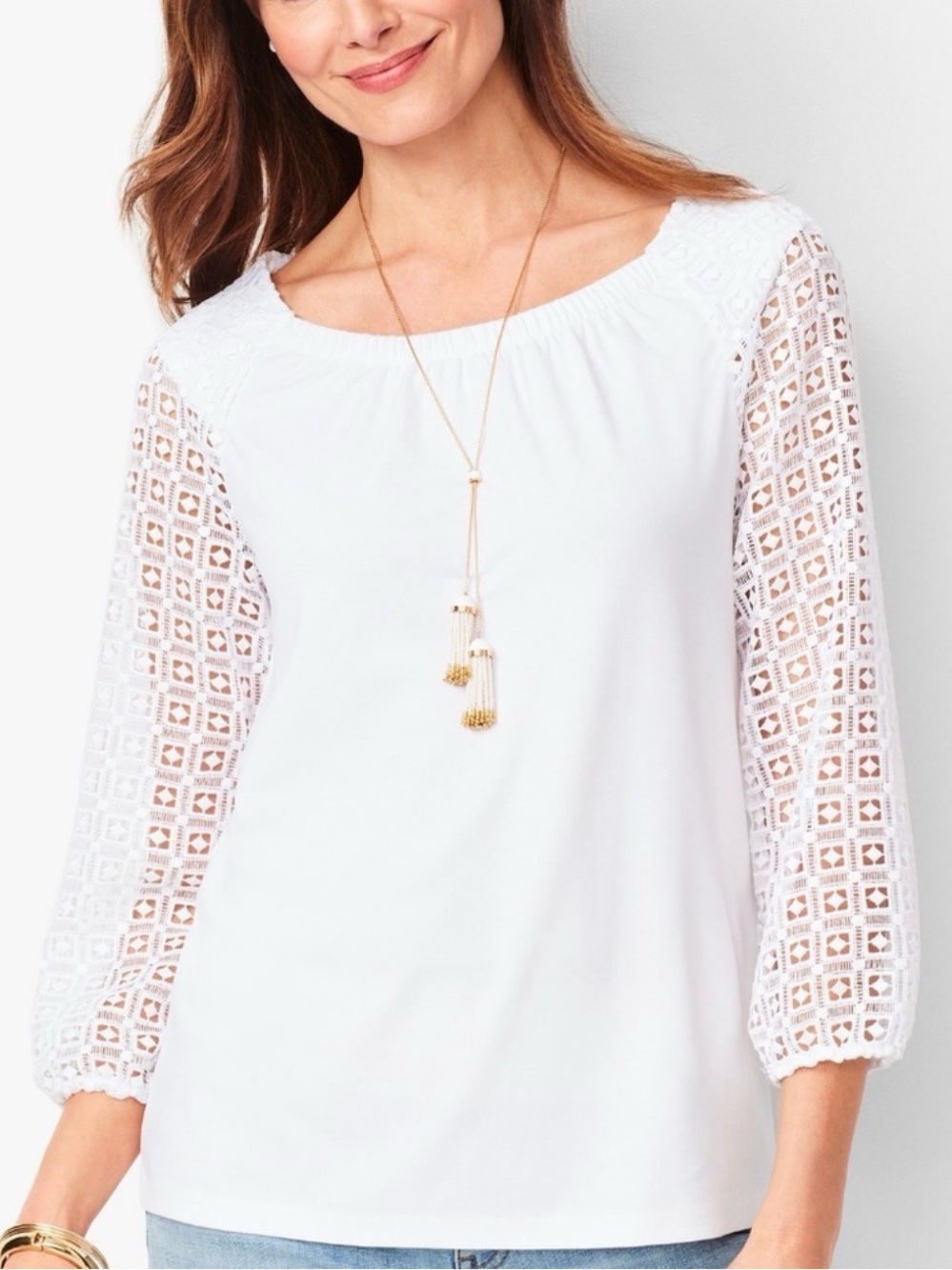Women’s White Lace Sleeve Boatneck Top